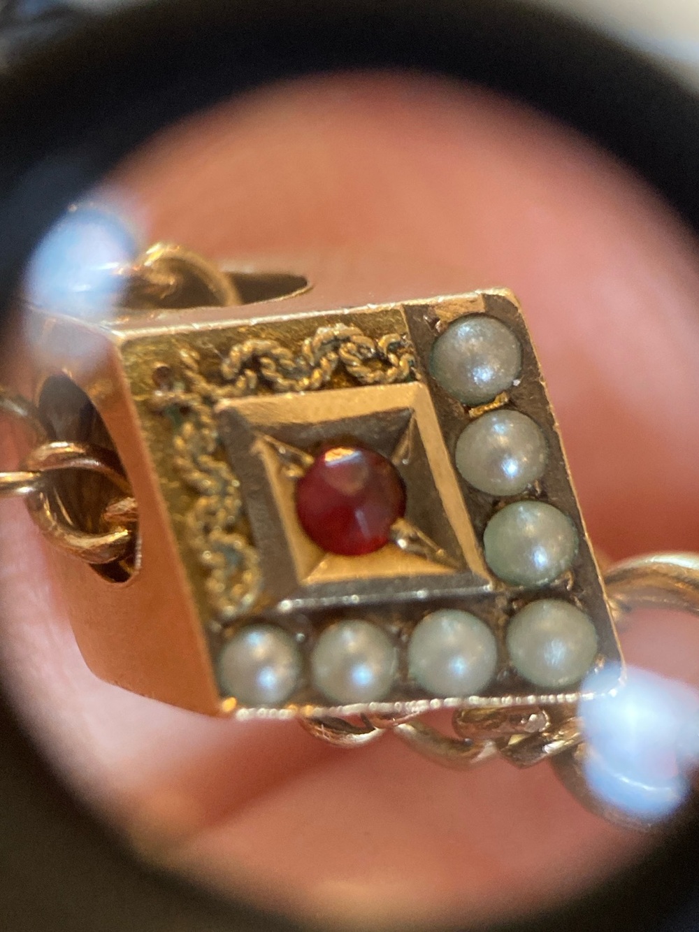 Antique Victorian 1/10 Gold Seed Pearl & Garnet Paste Watch Chain Necklace - Picture 5 of 14